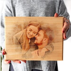 Foto grabada en madera con estilo acuarela como regalo de aniversario
